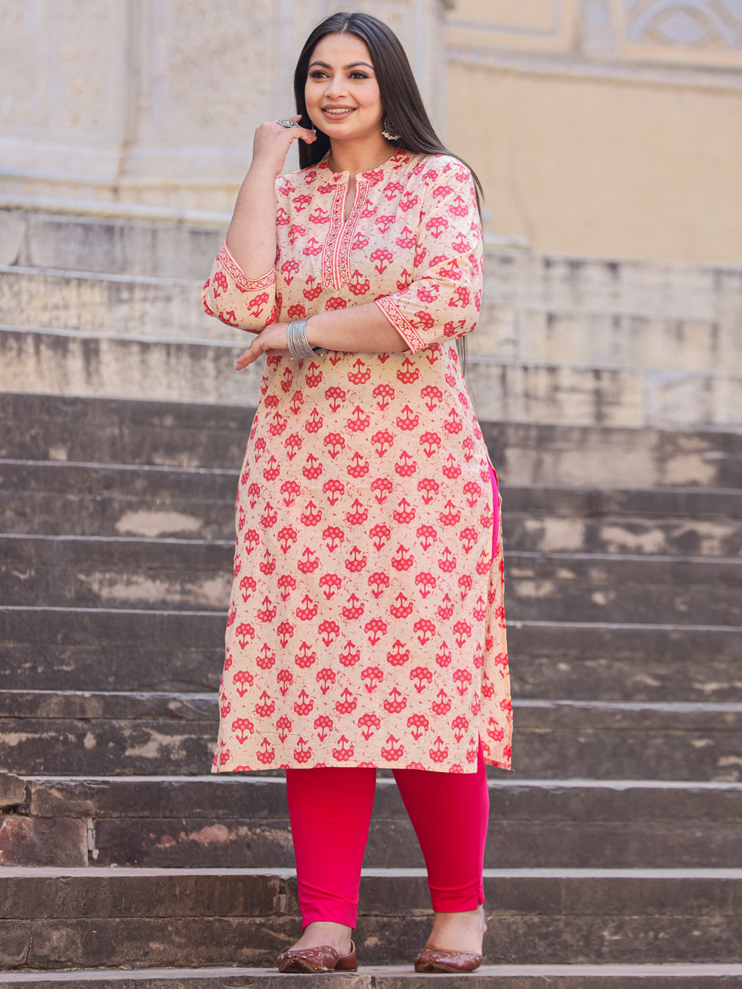 Straight Style Cotton Fabric Pink Color Kurta - Image 2