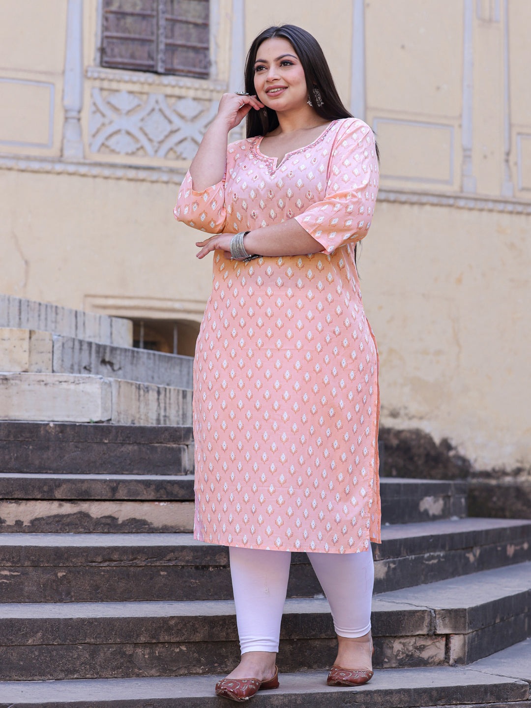 Straight Style Cotton Fabric Peach Color Kurta - Image 2