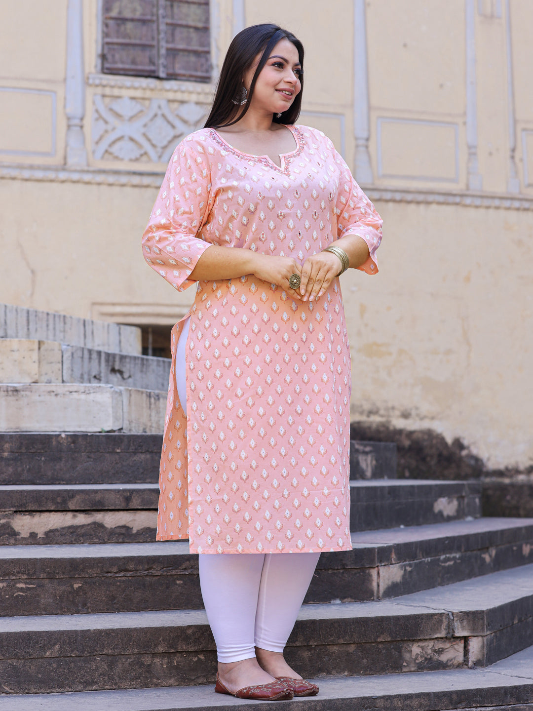 Straight Style Cotton Fabric Peach Color Kurta - Image 3