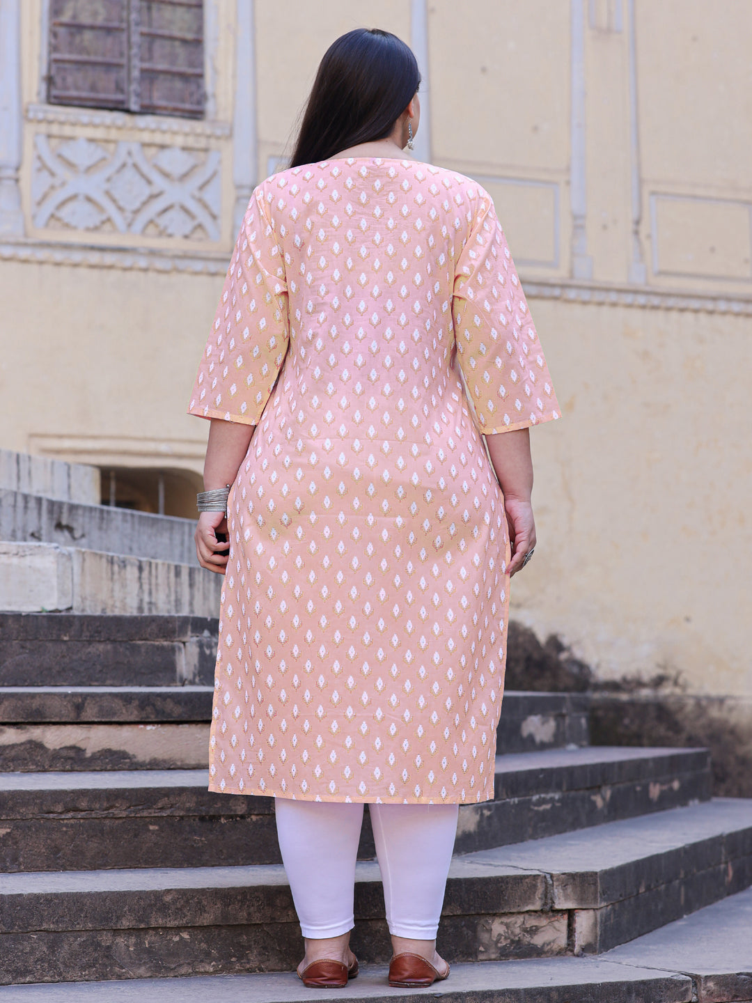 Straight Style Cotton Fabric Peach Color Kurta - Image 4