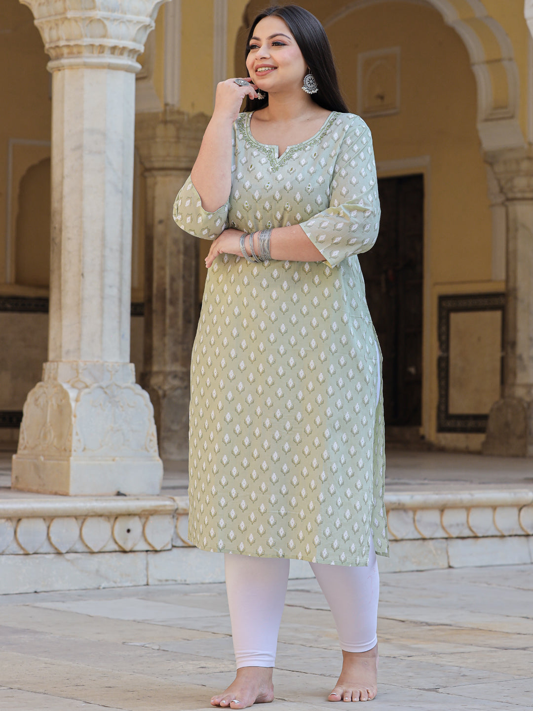 Straight Style Cotton Fabric Green Color Kurta - Image 2