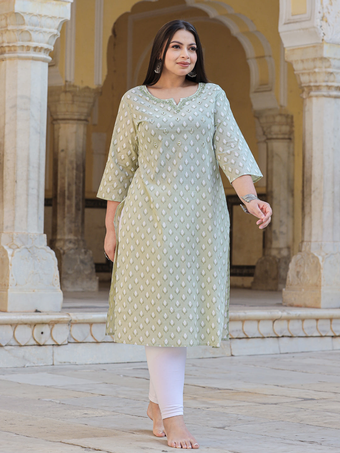 Straight Style Cotton Fabric Green Color Kurta - Image 3