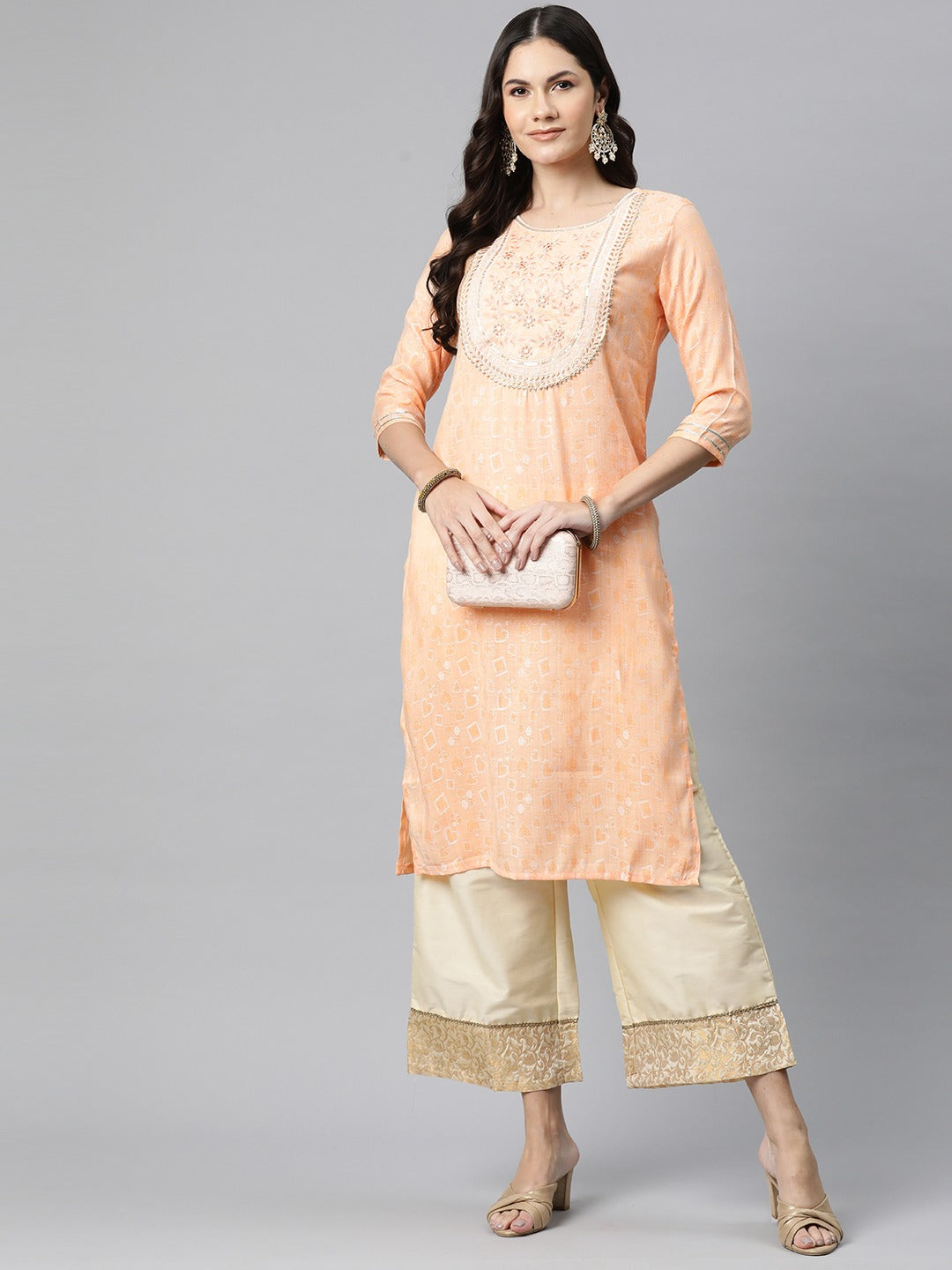 Straight Style Rayon Fabric Peach Color Kurta - Image 2