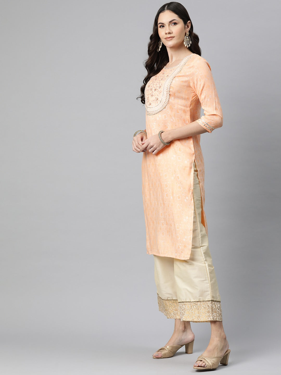 Straight Style Rayon Fabric Peach Color Kurta - Image 3