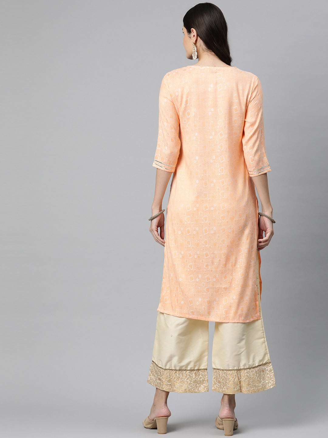 Straight Style Rayon Fabric Peach Color Kurta - Image 4