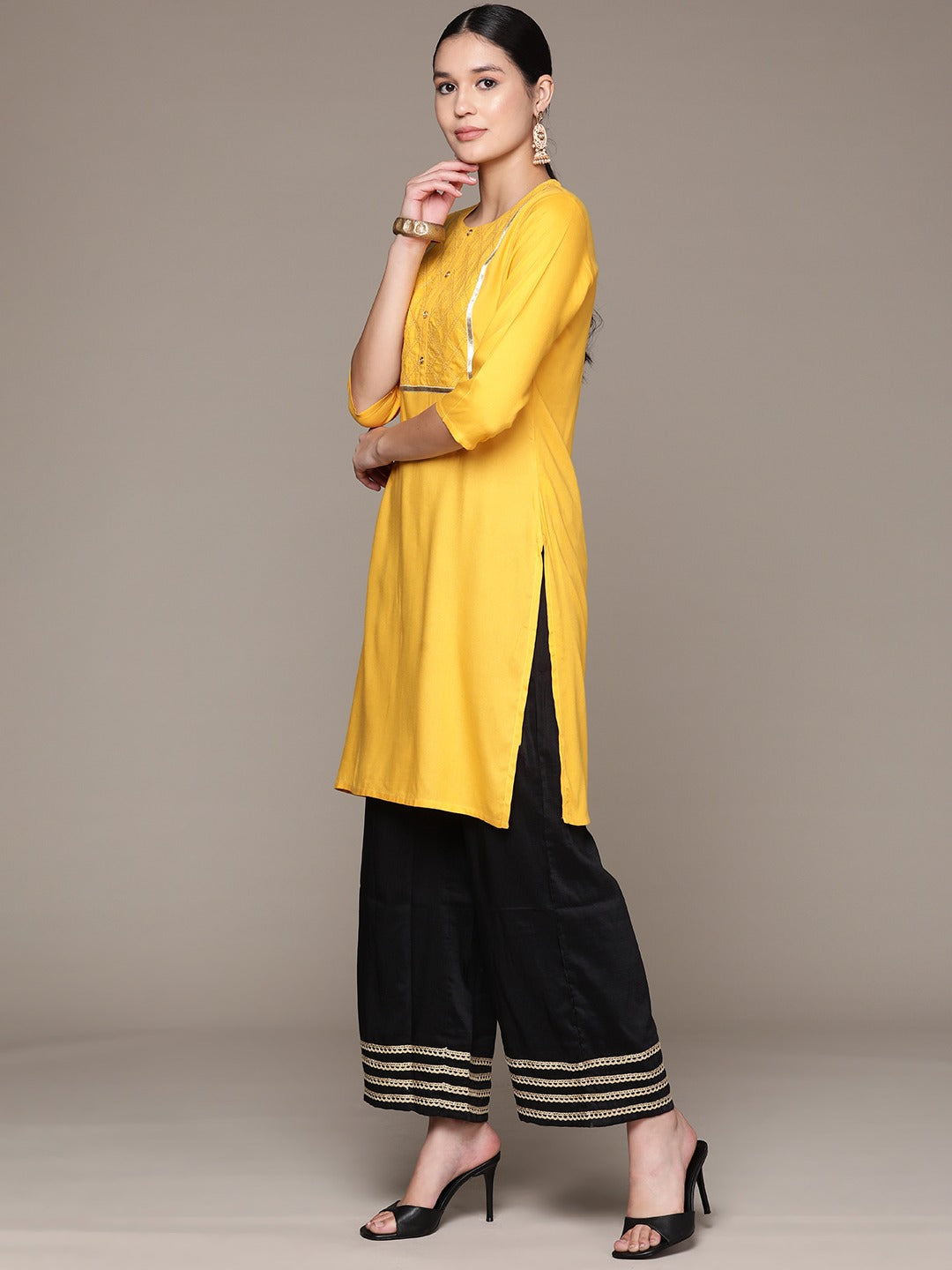 Straight Style Rayon Fabric Yellow Color Kurta - Image 3