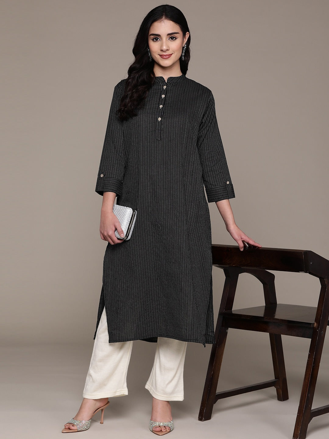 A Line Style Cotton Fabric Black Color Kurta - Image 2