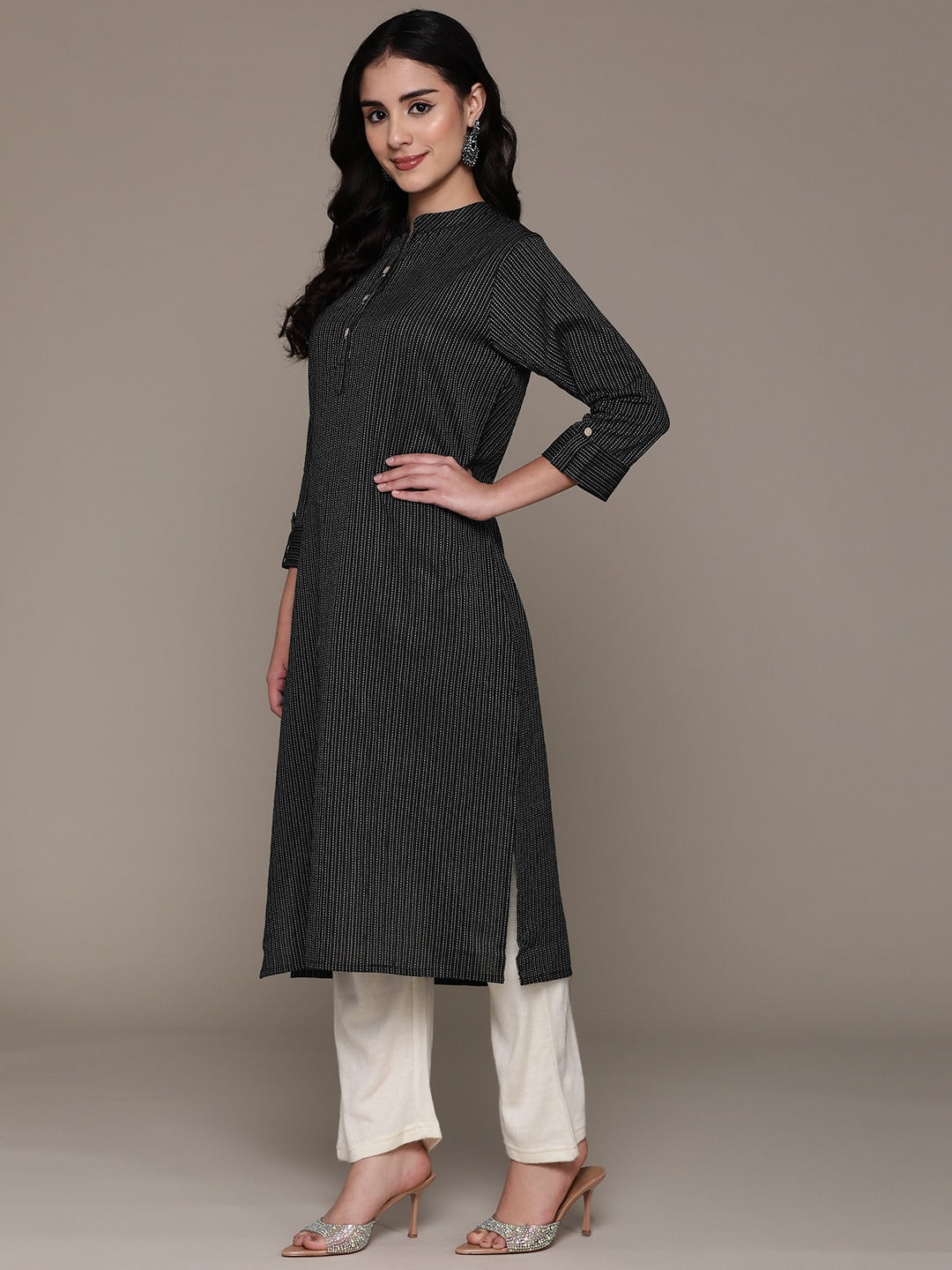 A Line Style Cotton Fabric Black Color Kurta - Image 3