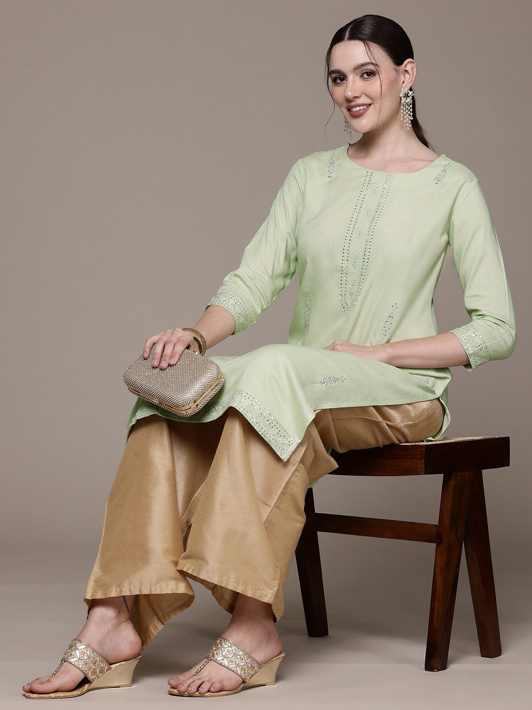 Straight style Rayon fabric Green color kurta - Image 2