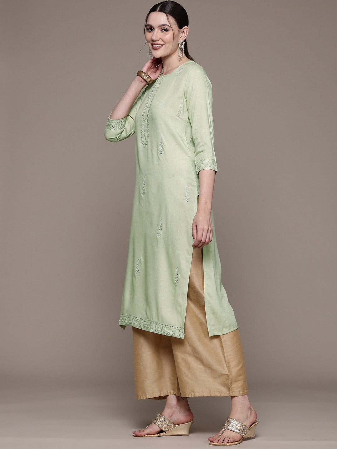 Straight style Rayon fabric Green color kurta - Image 3