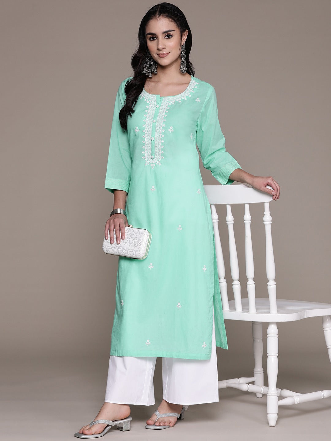 Straight Style Cotton Fabric Sea Green Color Kurti With Thread Sequence Work - Image 2