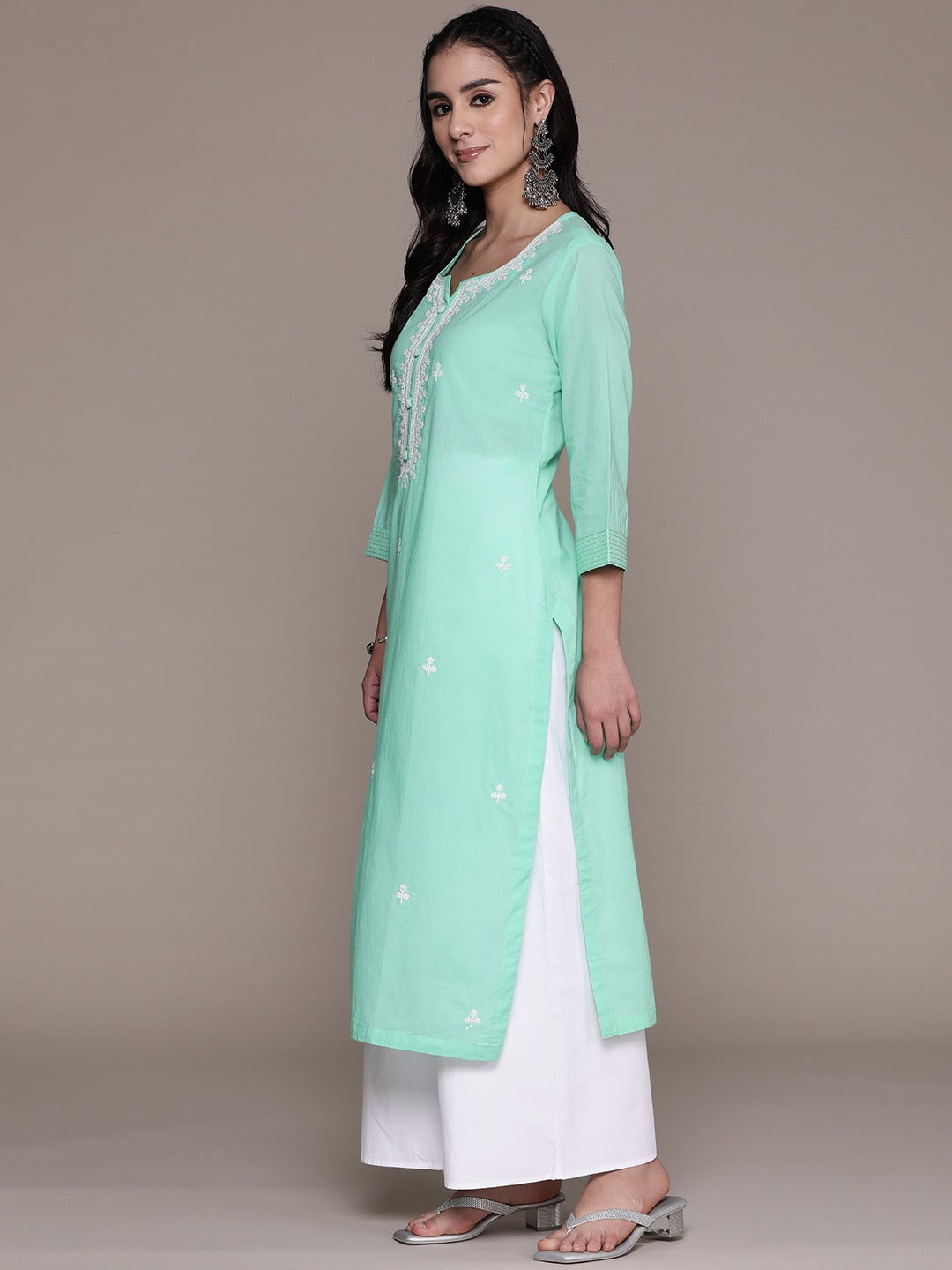 Straight Style Cotton Fabric Sea Green Color Kurti With Thread Sequence Work - Image 3