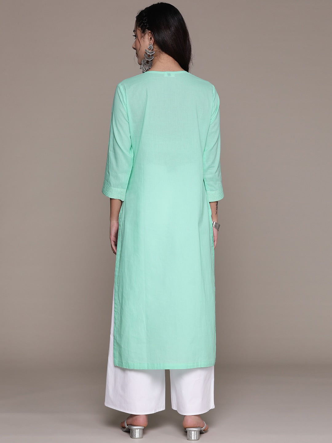 Straight Style Cotton Fabric Sea Green Color Kurti With Thread Sequence Work - Image 4
