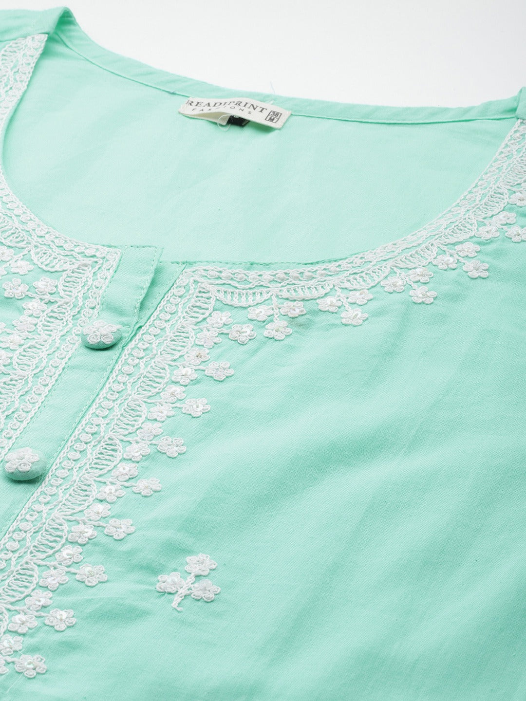 Straight Style Cotton Fabric Sea Green Color Kurti With Thread Sequence Work - Image 5