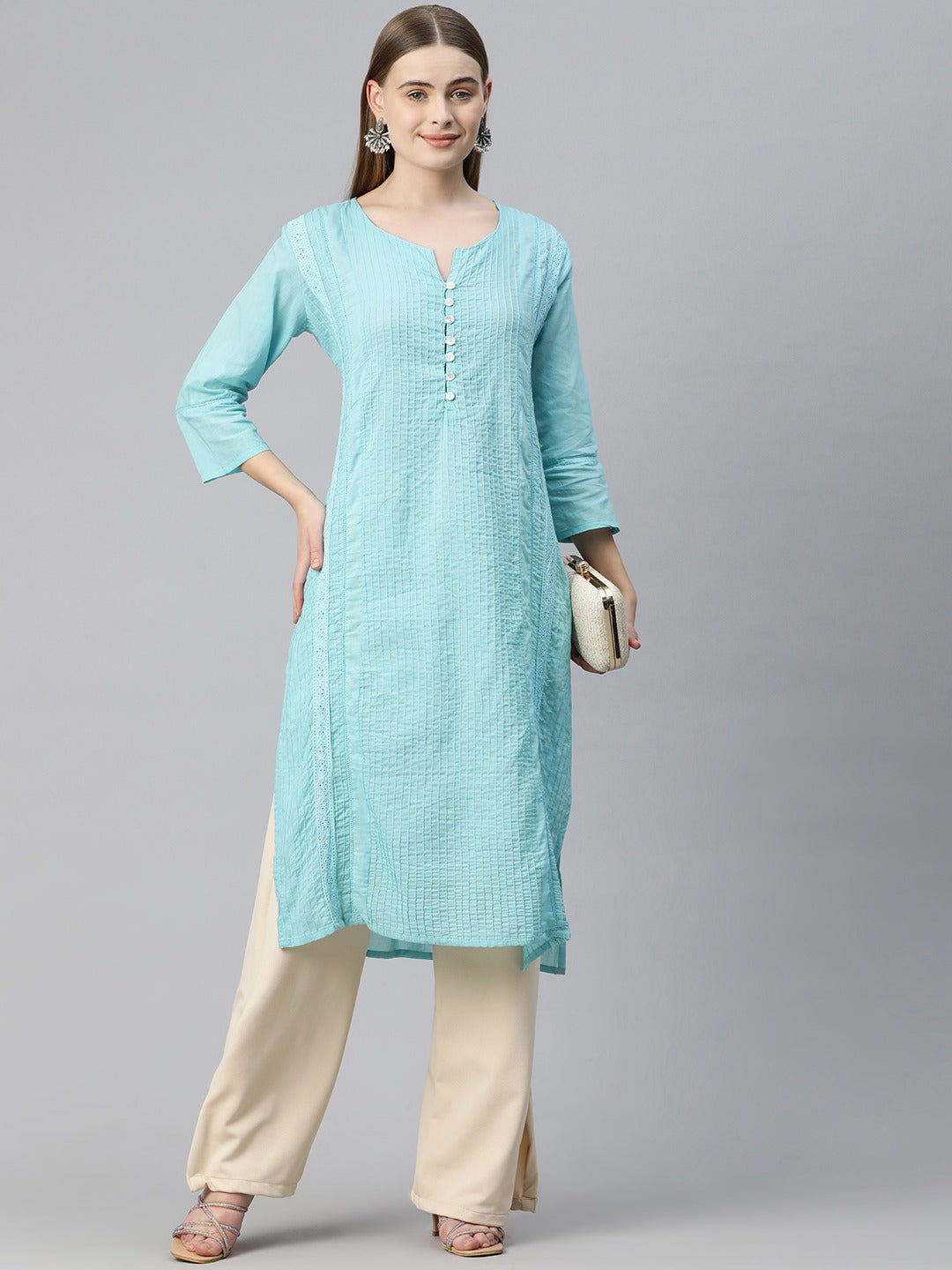Straight Style Cotton Fabric Turquoise Blue Color Kurti With Lace Work - Image 2