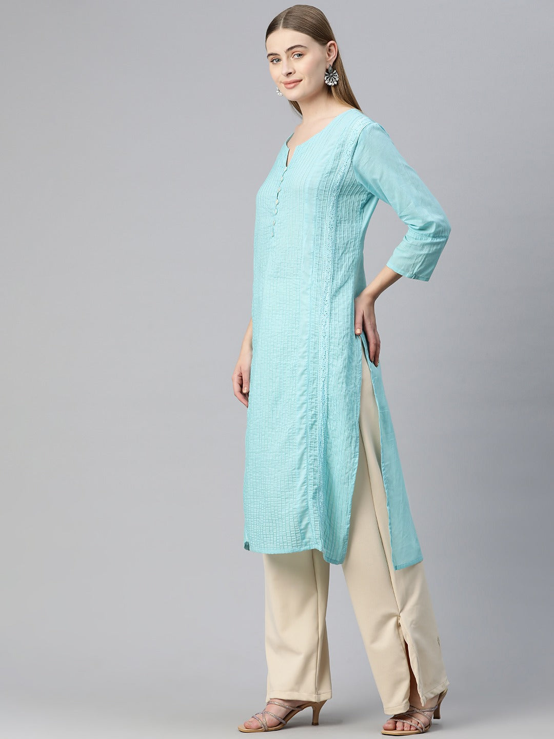 Straight Style Cotton Fabric Turquoise Blue Color Kurti With Lace Work - Image 3