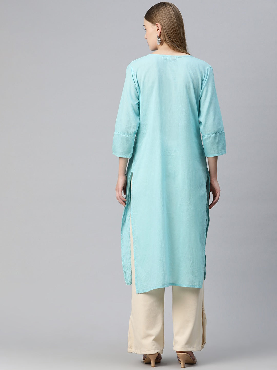 Straight Style Cotton Fabric Turquoise Blue Color Kurti With Lace Work - Image 4