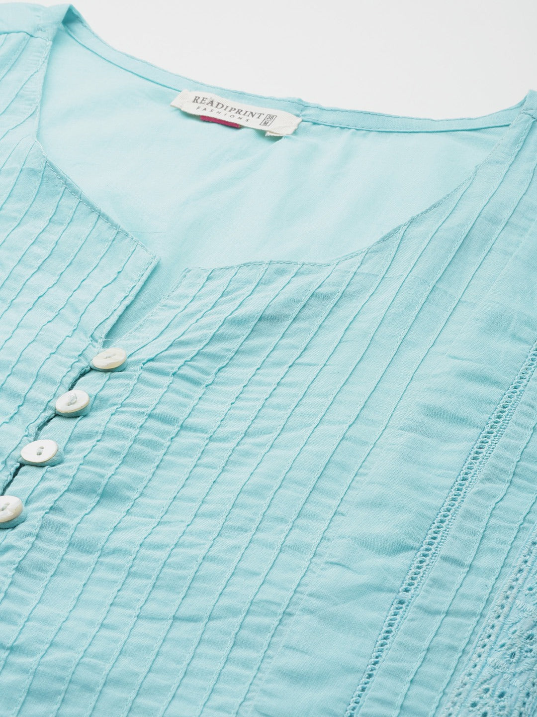 Straight Style Cotton Fabric Turquoise Blue Color Kurti With Lace Work - Image 5
