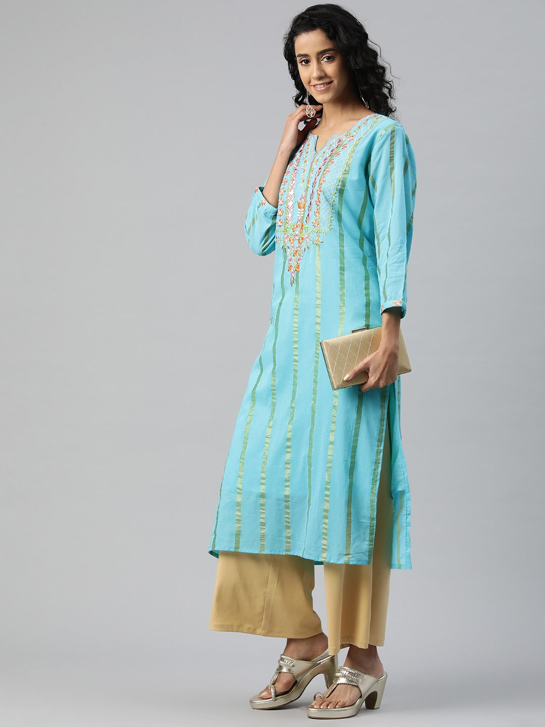Straight Style Cotton Fabric Turquoise Blue Color Kurti With Embroidered & Foil Print Work - Image 2