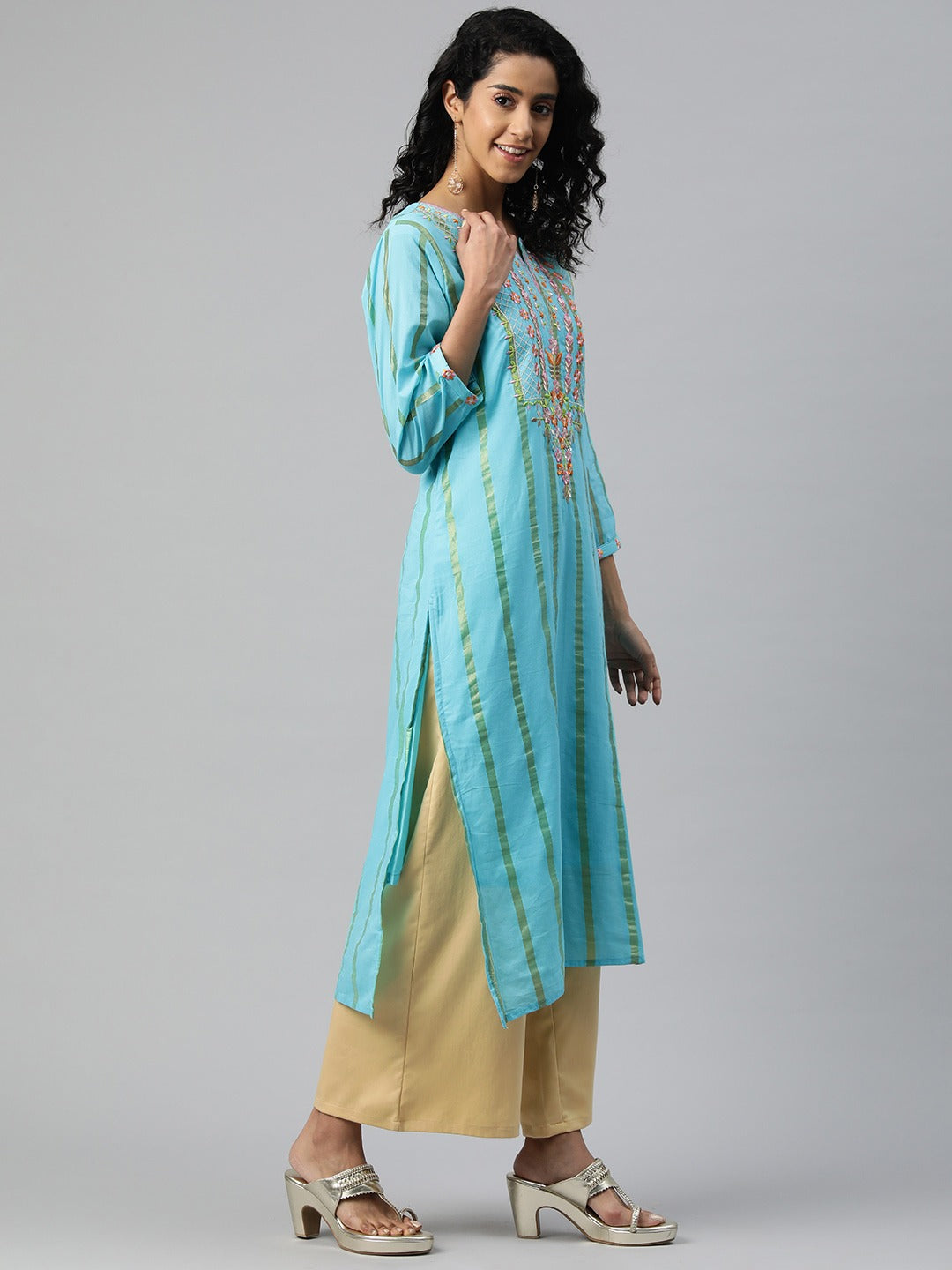 Straight Style Cotton Fabric Turquoise Blue Color Kurti With Embroidered & Foil Print Work - Image 3