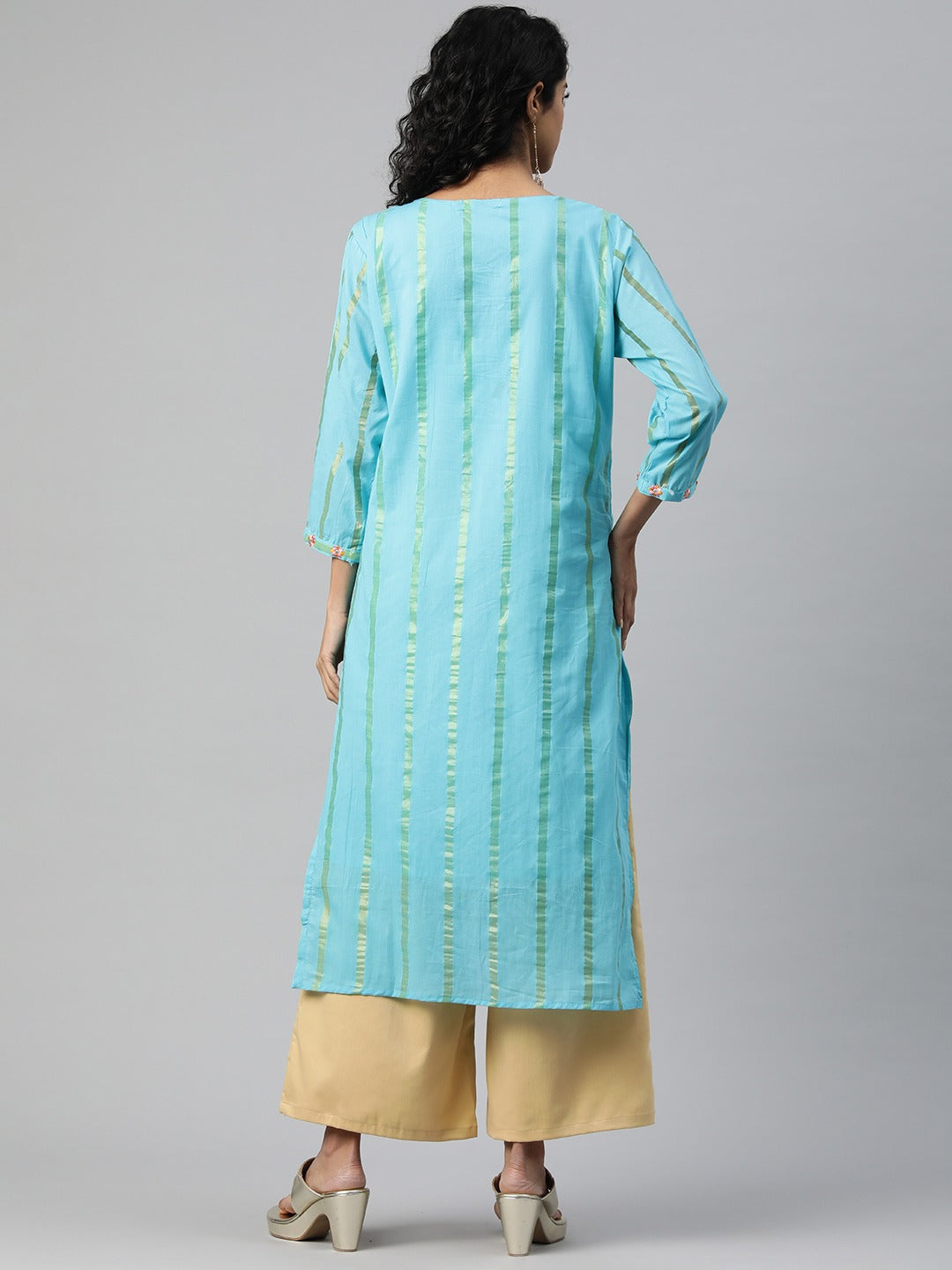 Straight Style Cotton Fabric Turquoise Blue Color Kurti With Embroidered & Foil Print Work - Image 4