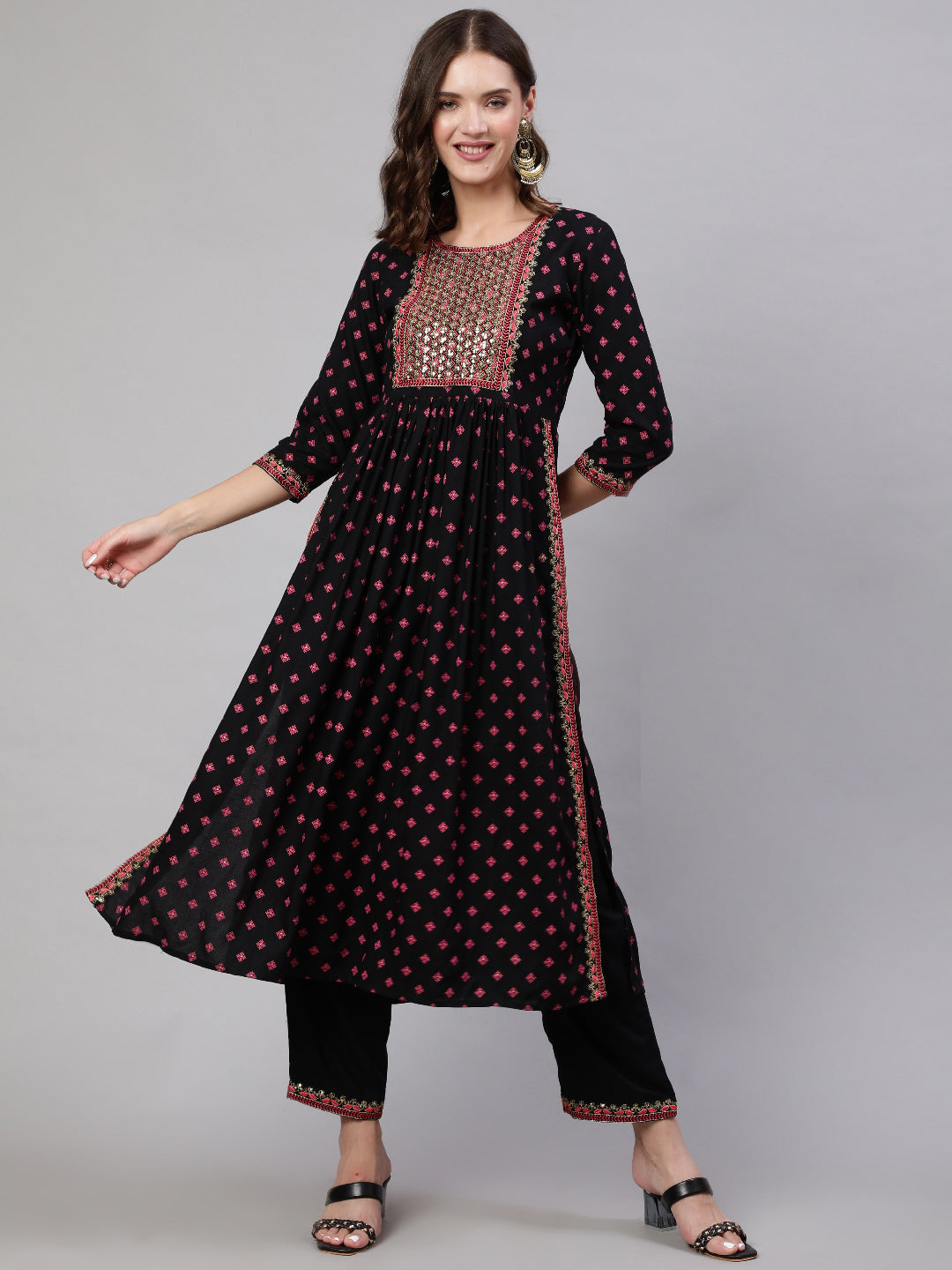 Rayon Sequence 3/4 Sleeve Flared Round Neck Calf Length Kurta Bottom Set - Image 3