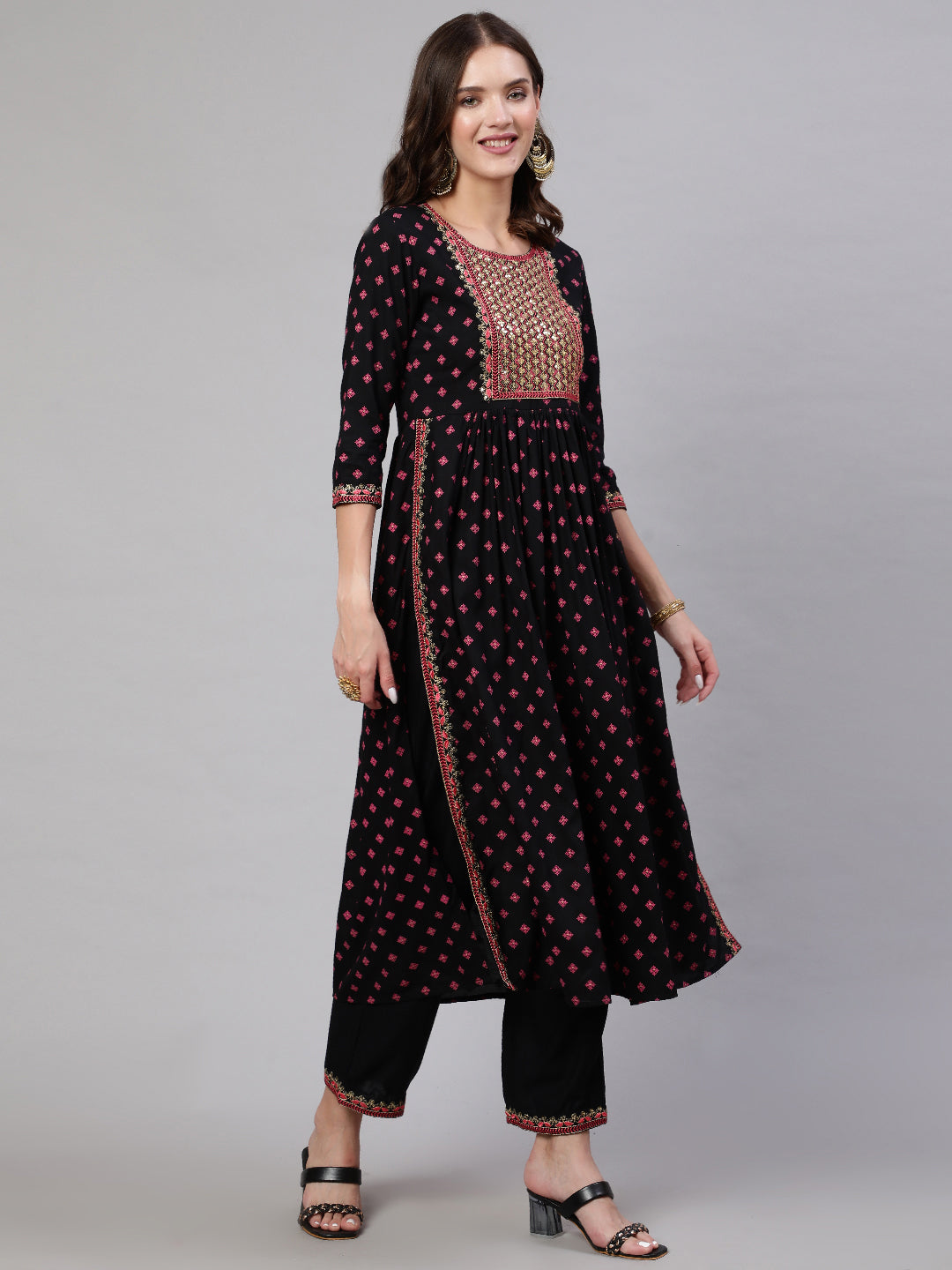 Rayon Sequence 3/4 Sleeve Flared Round Neck Calf Length Kurta Bottom Set - Image 4