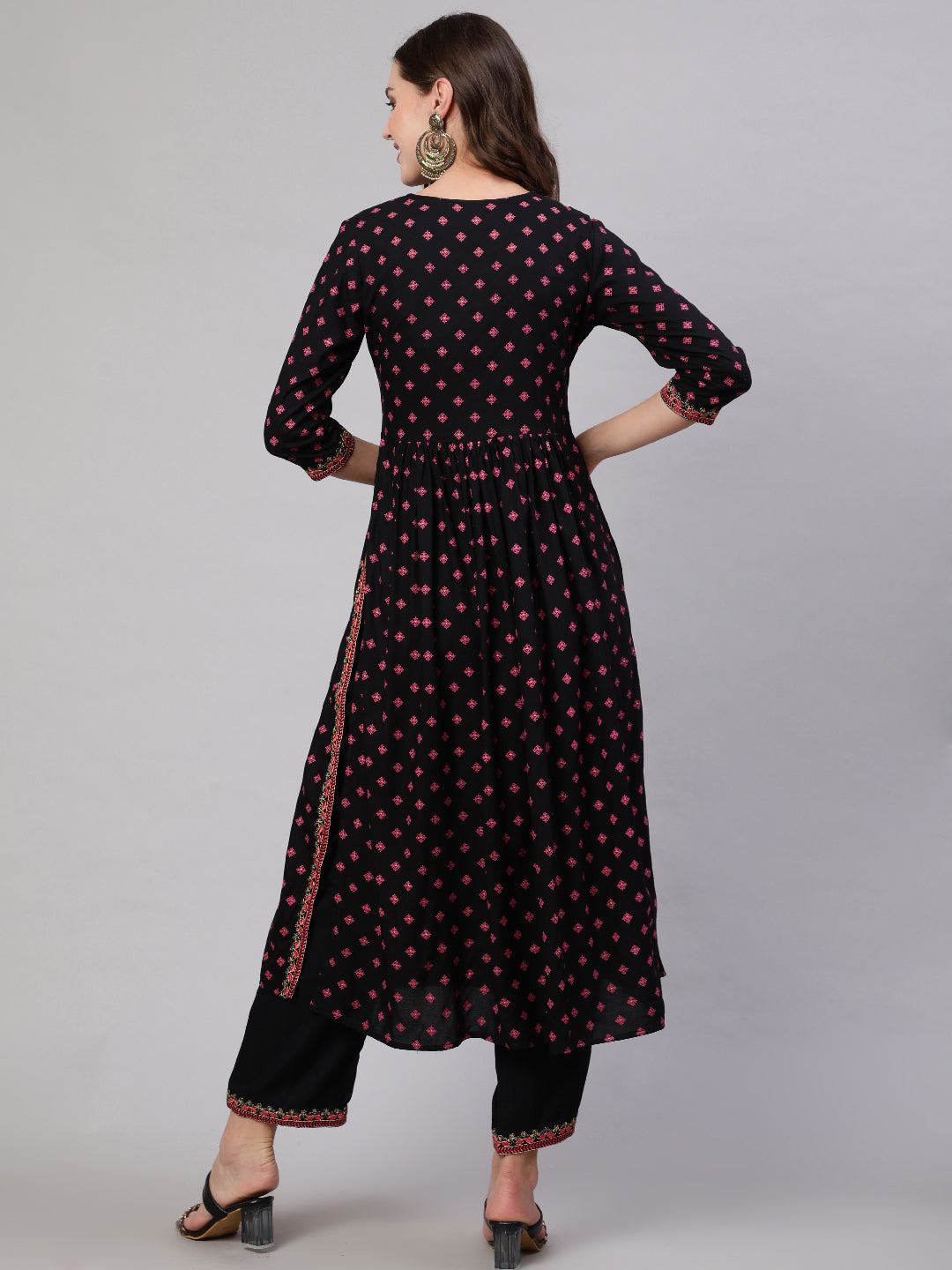 Rayon Sequence 3/4 Sleeve Flared Round Neck Calf Length Kurta Bottom Set - Image 2