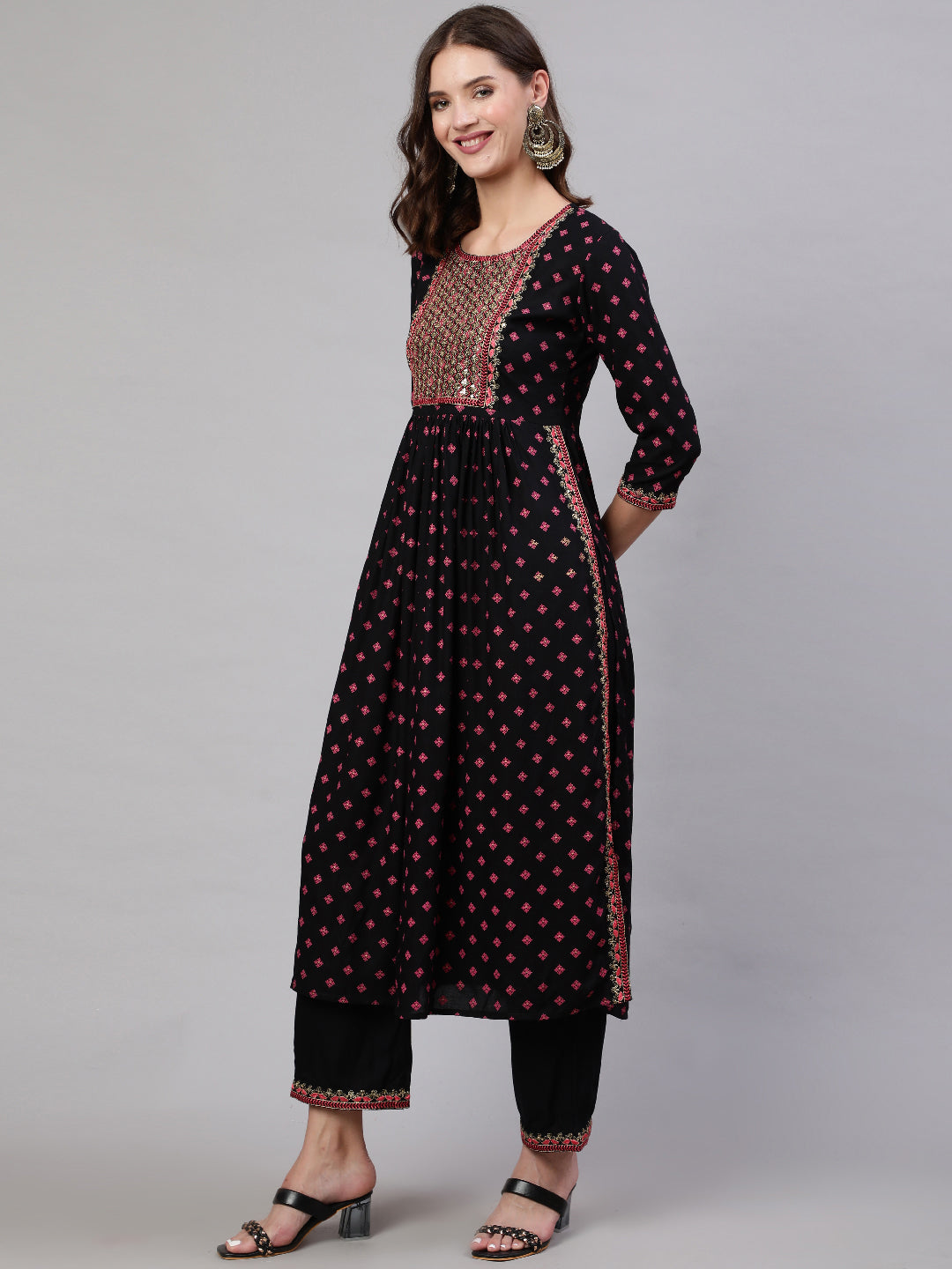 Rayon Sequence 3/4 Sleeve Flared Round Neck Calf Length Kurta Bottom Set - Image 5