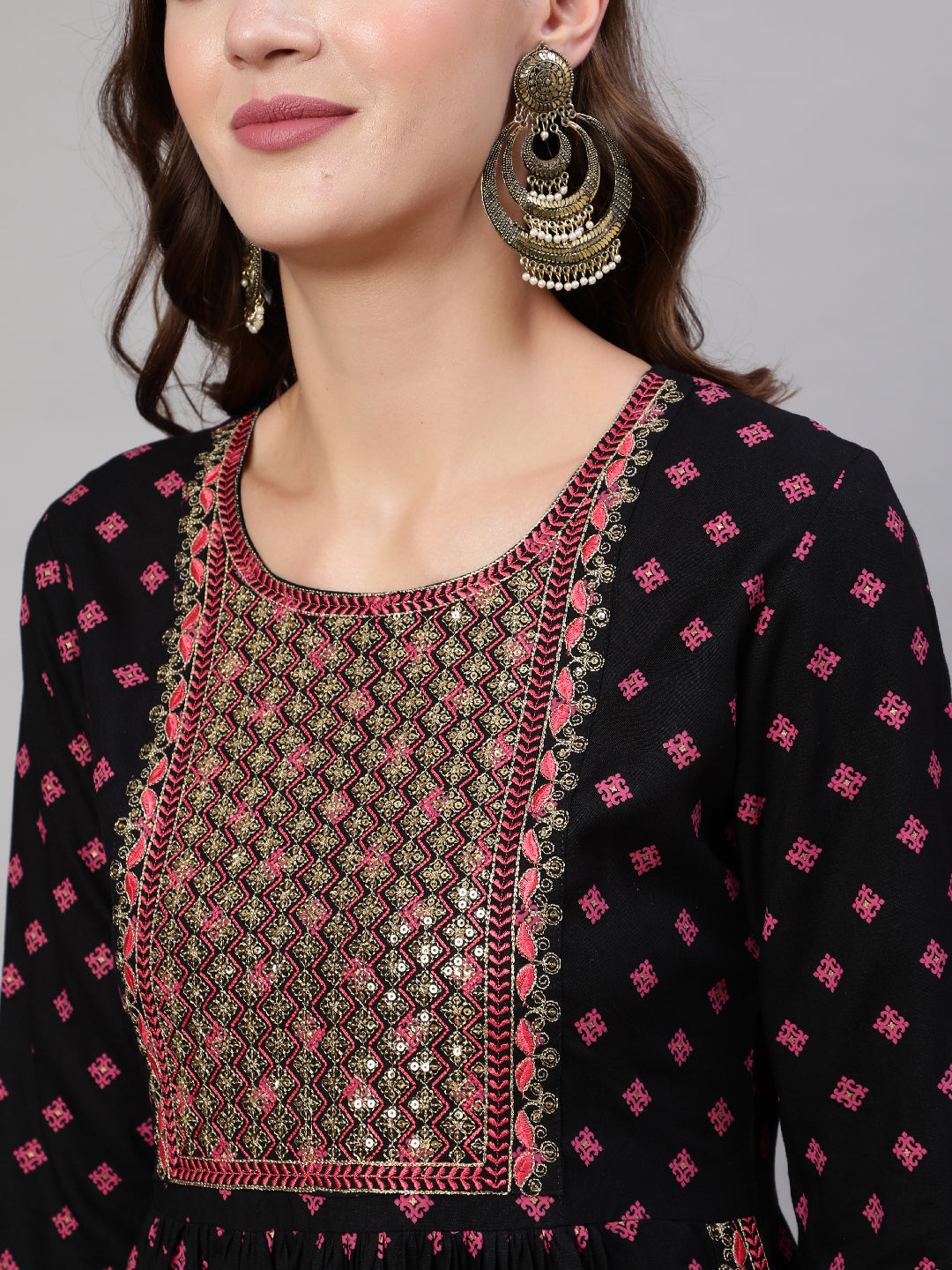 Rayon Sequence 3/4 Sleeve Flared Round Neck Calf Length Kurta Bottom Set - Image 6