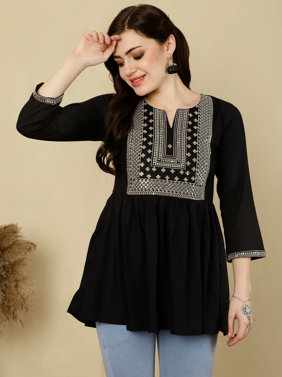Embroidered 3/4 Sleeves Regular Pure Reyon (Black) Top - Image 2
