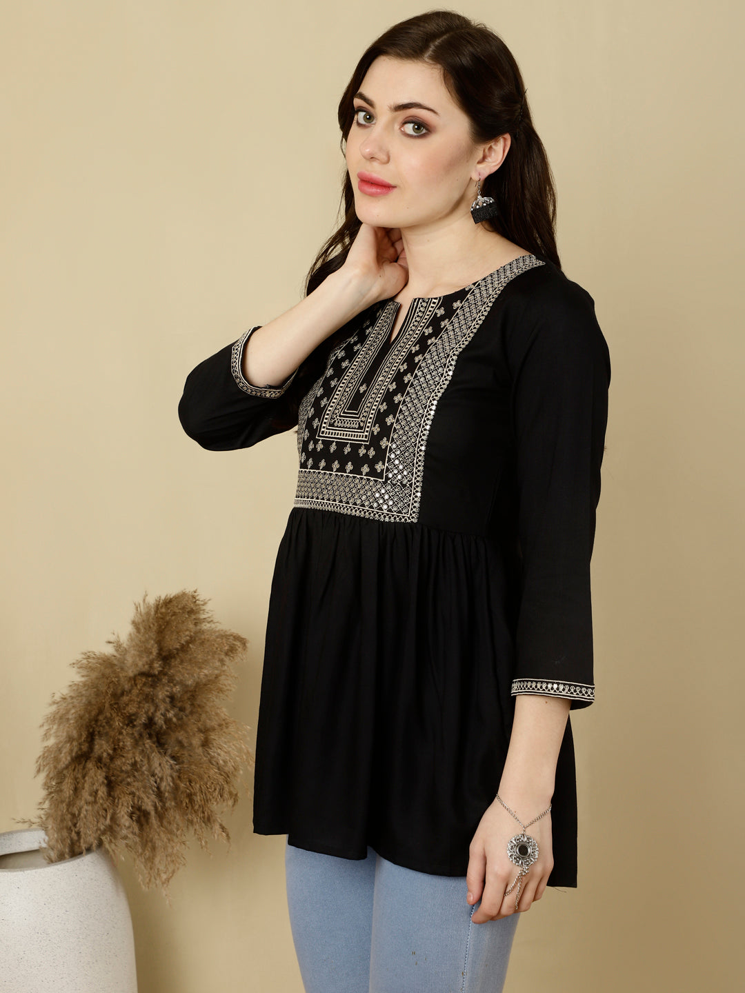 Embroidered 3/4 Sleeves Regular Pure Reyon (Black) Top - Image 3