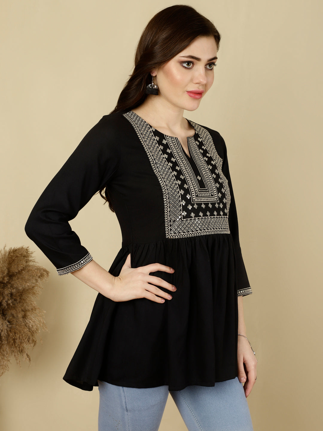 Embroidered 3/4 Sleeves Regular Pure Reyon (Black) Top - Image 4