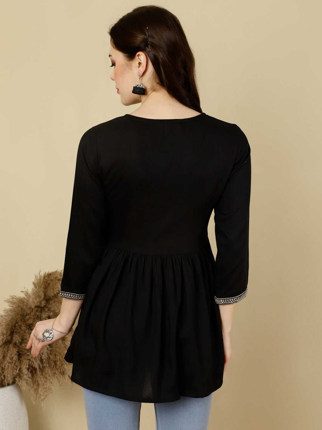 Embroidered 3/4 Sleeves Regular Pure Reyon (Black) Top - Image 5