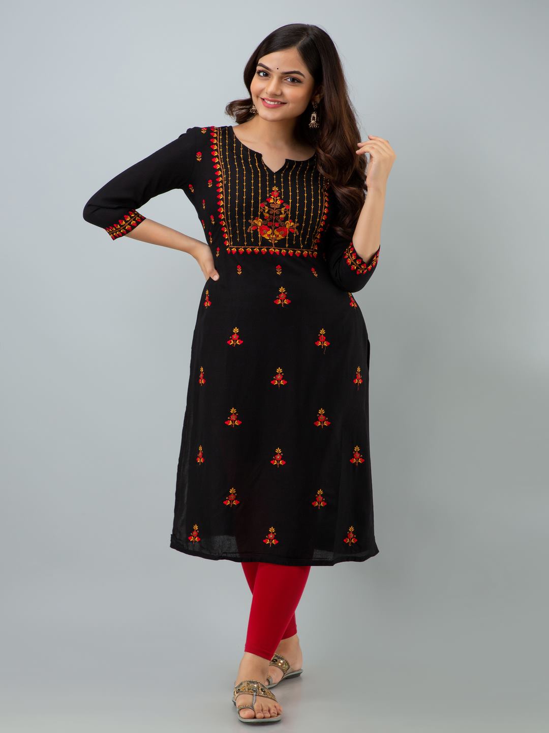 Rayon Embroidery Straight 3/4 Sleeves Round Neck Calf Kurta - Image 3