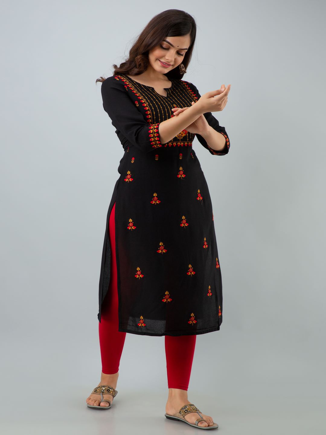 Rayon Embroidery Straight 3/4 Sleeves Round Neck Calf Kurta - Image 4