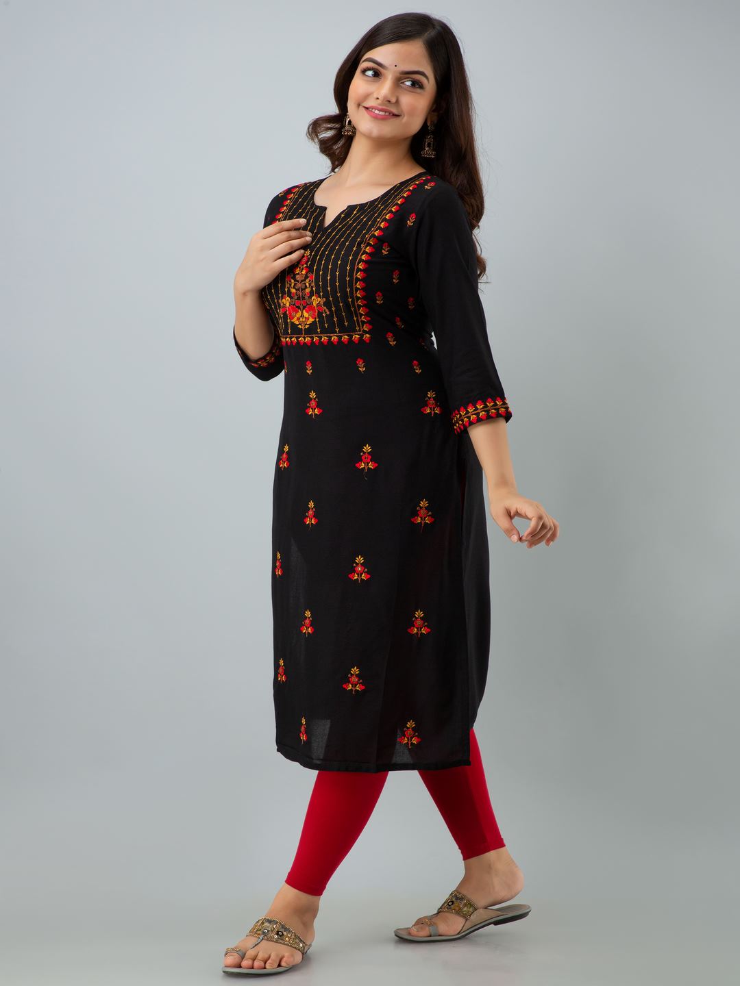 Rayon Embroidery Straight 3/4 Sleeves Round Neck Calf Kurta - Image 5
