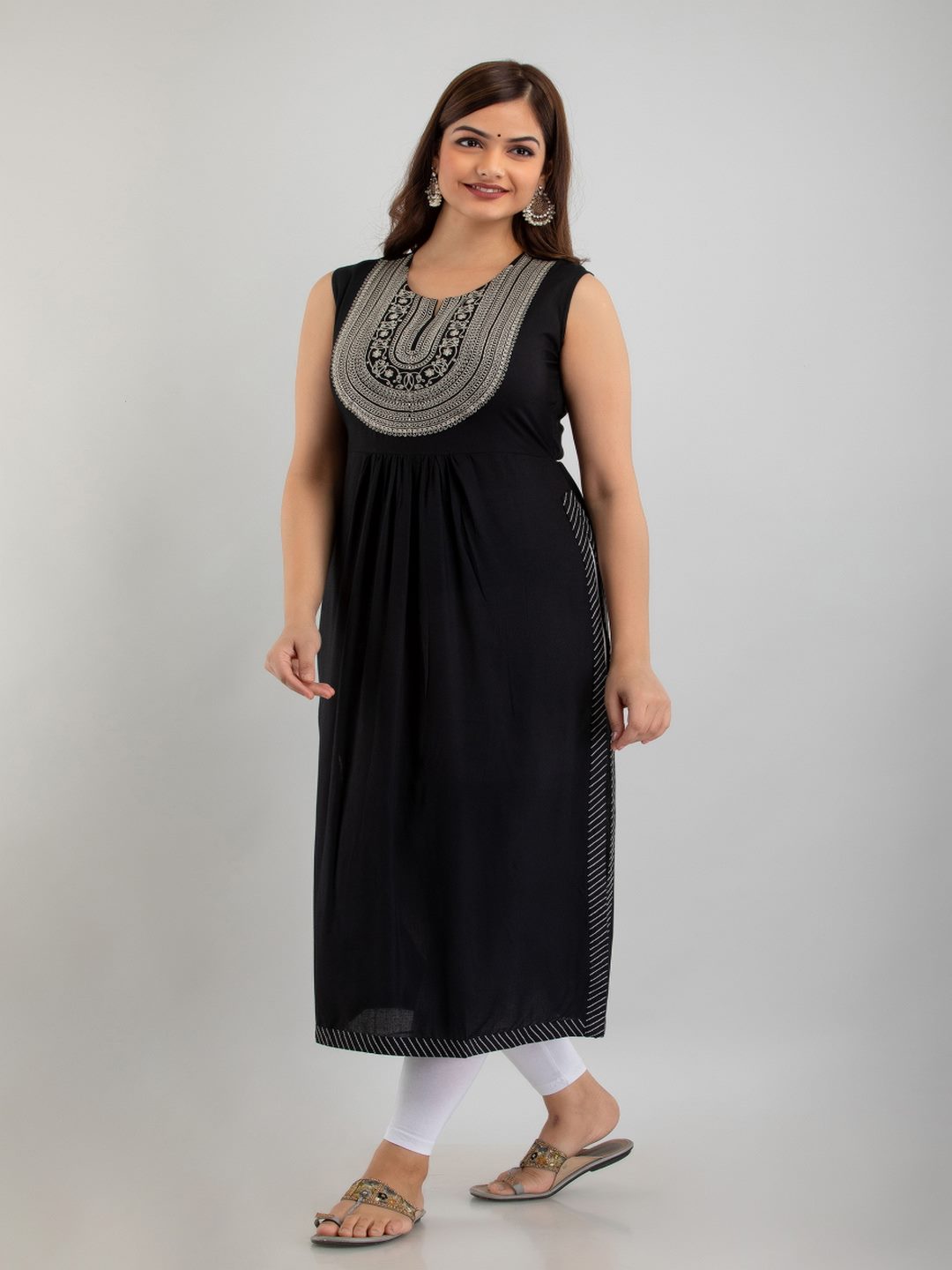 Rayon Embroidered Front slit Sleeveless Round Neck Calf Kurta - Image 4