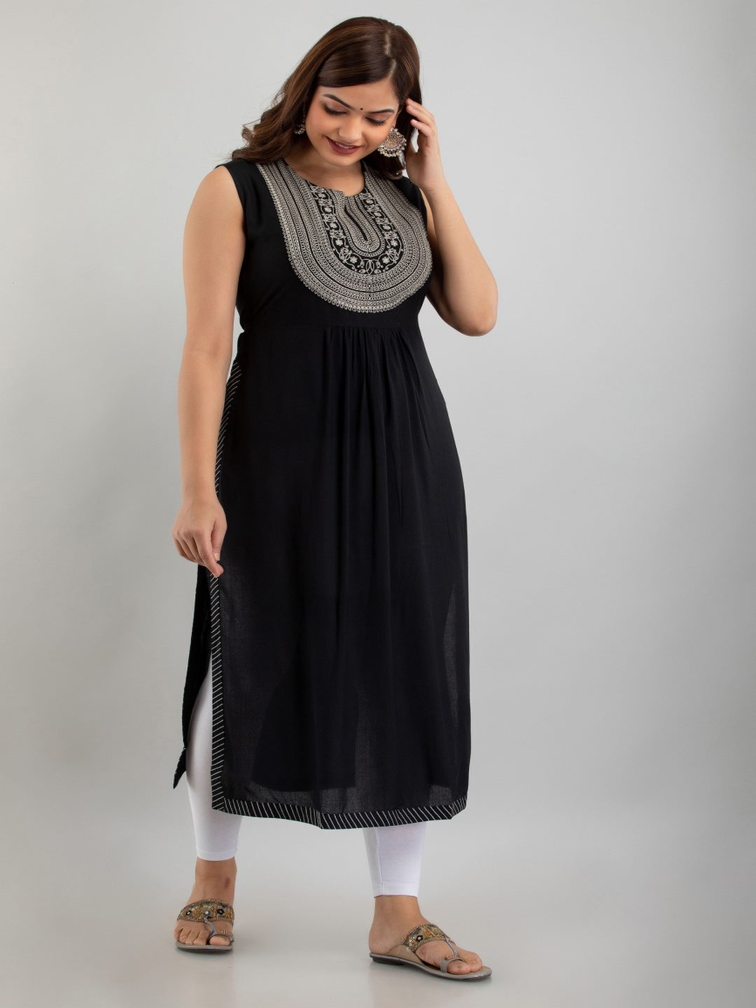 Rayon Embroidered Front slit Sleeveless Round Neck Calf Kurta - Image 5