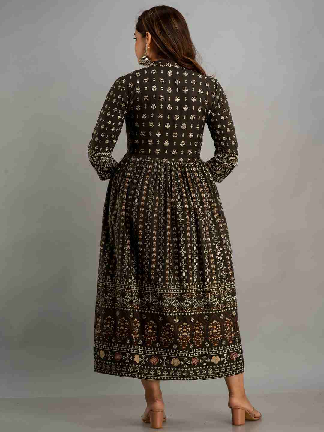 Printed Viscose Rayon Collar Neck 3/4 Sleeves Calf Flared Kurta - Image 2