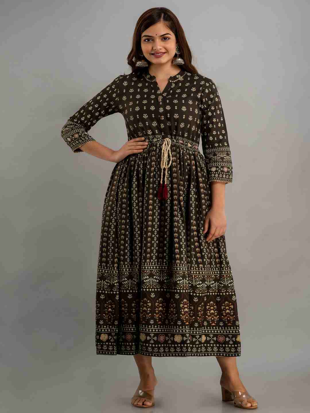 Printed Viscose Rayon Collar Neck 3/4 Sleeves Calf Flared Kurta - Image 4