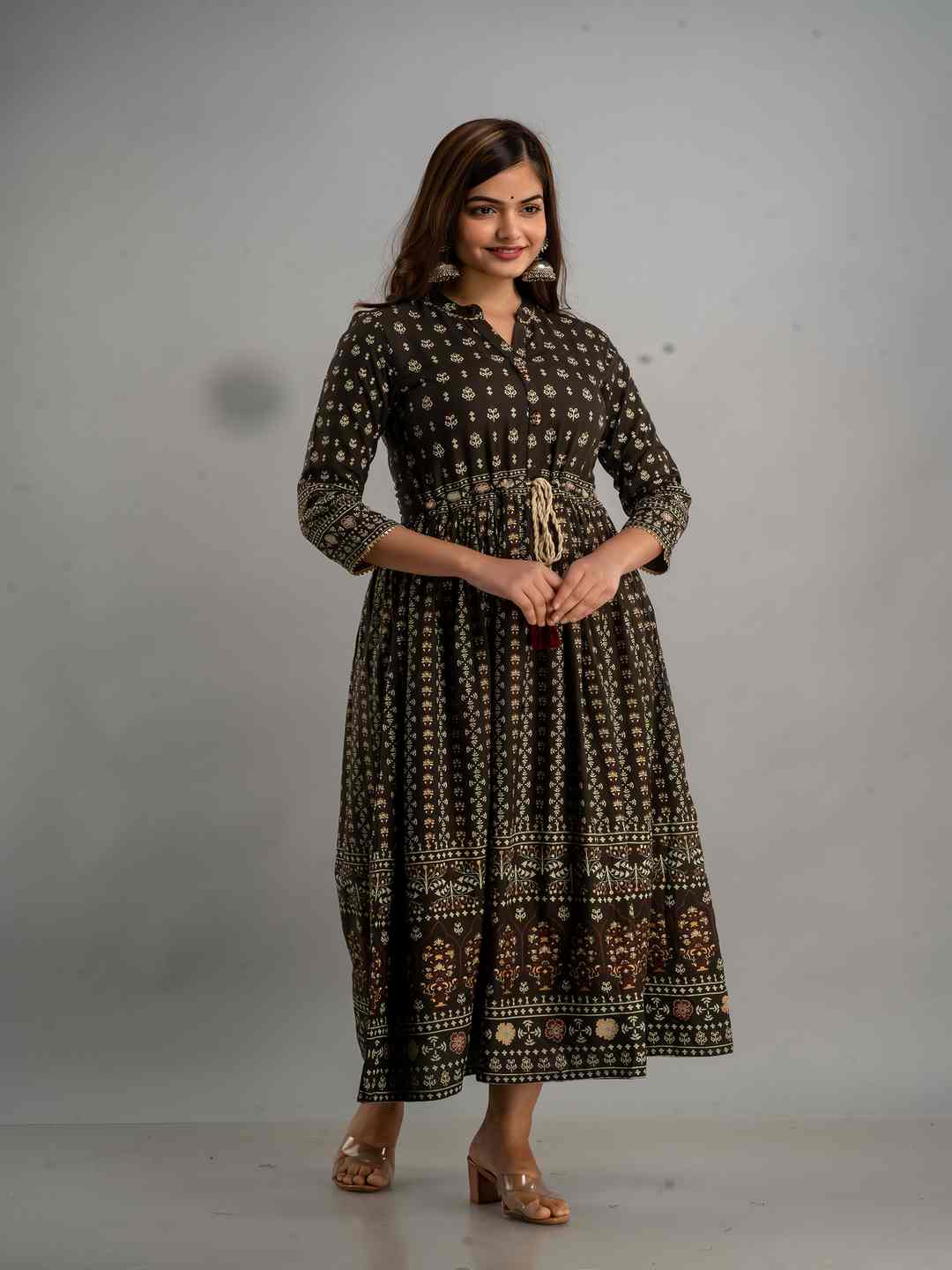 Printed Viscose Rayon Collar Neck 3/4 Sleeves Calf Flared Kurta - Image 6