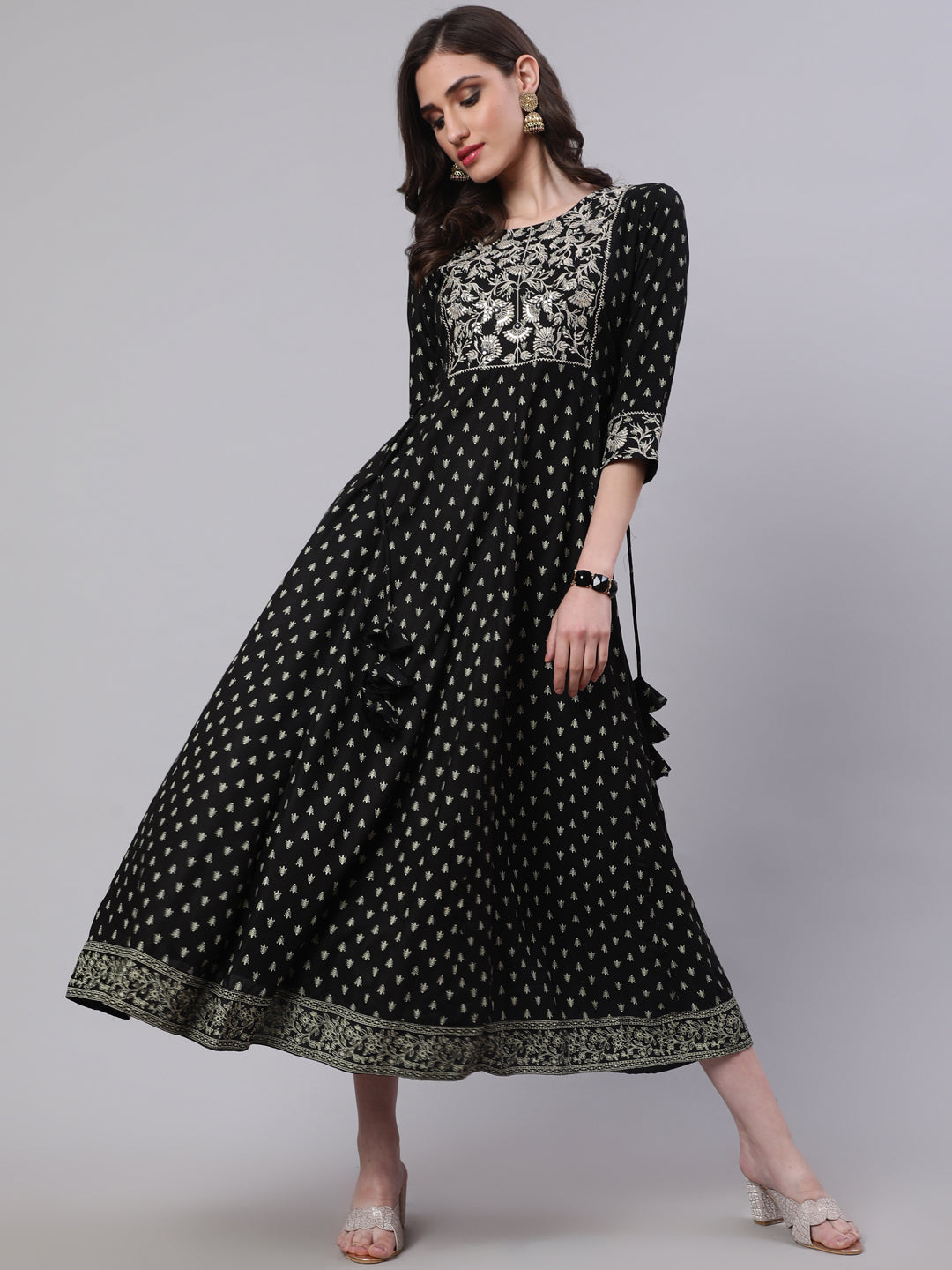 Rayon Embroidered Front slit 3/4 Sleeves Calf Kurta - Image 4
