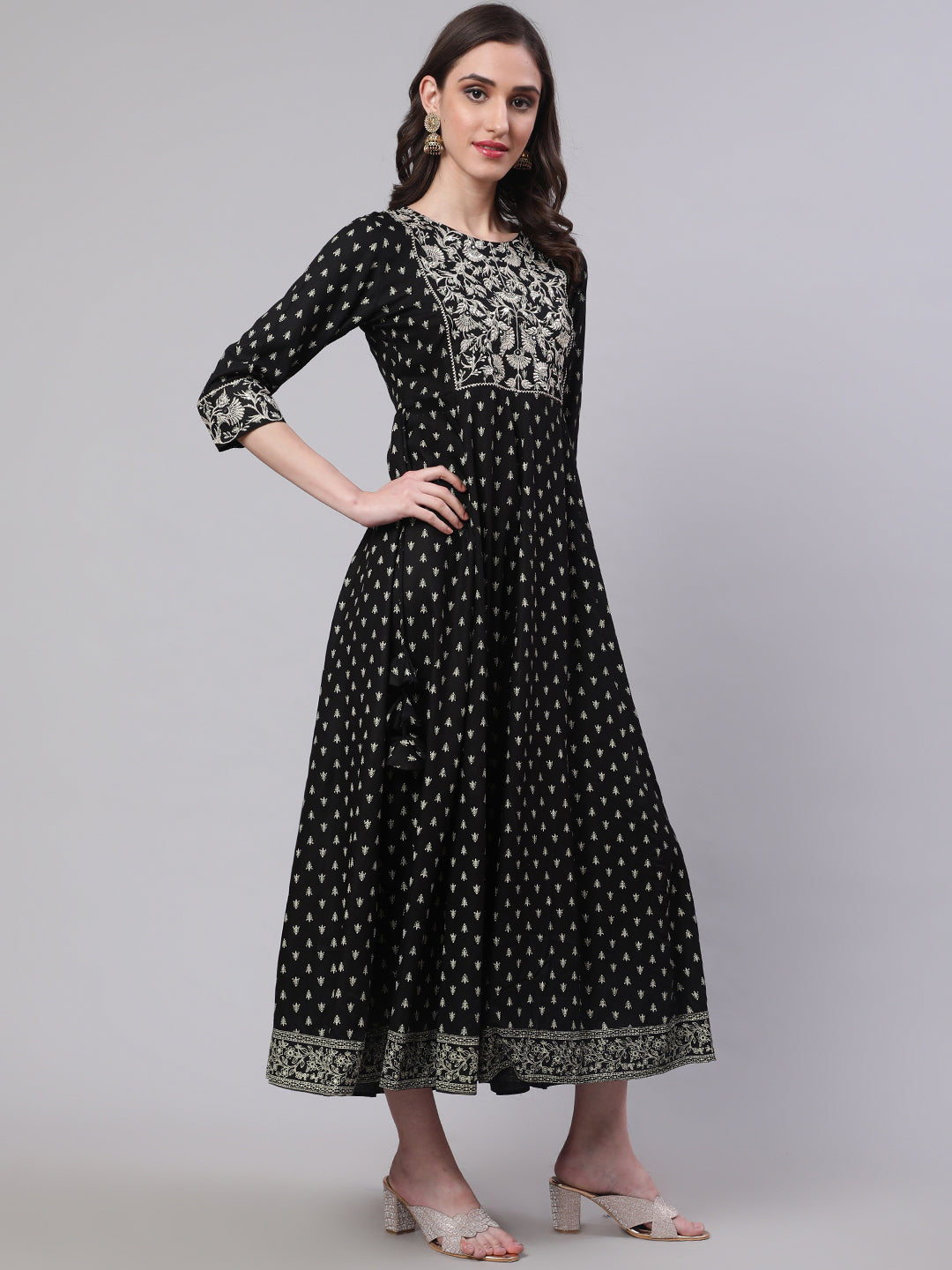 Rayon Embroidered Front slit 3/4 Sleeves Calf Kurta - Image 5