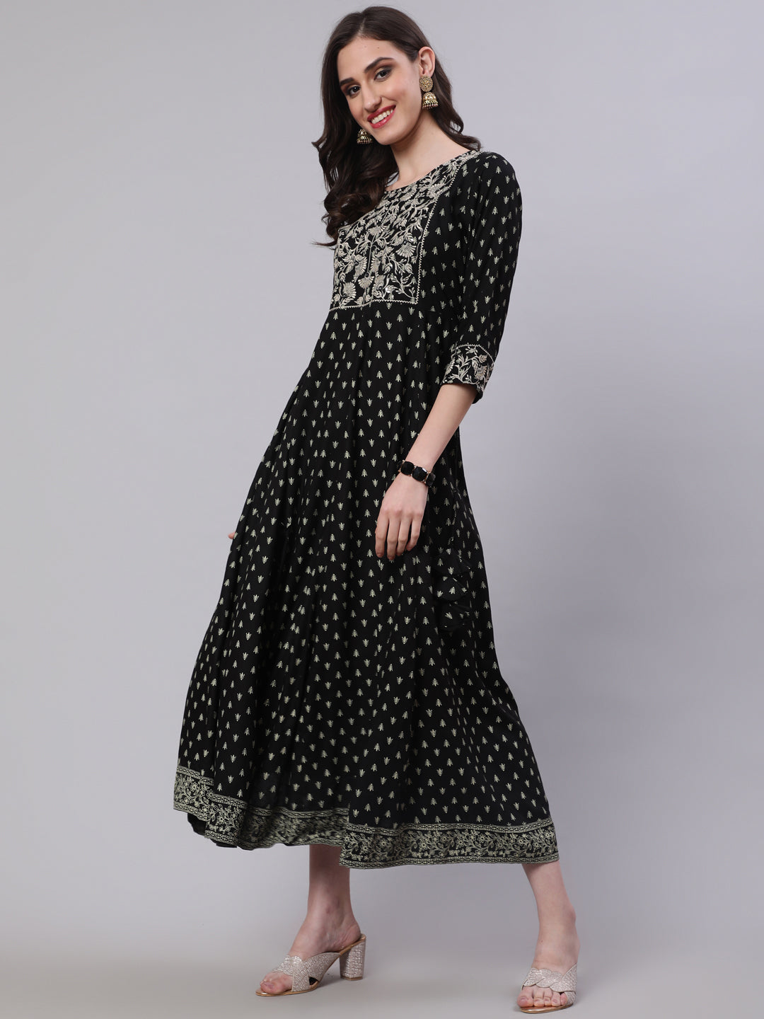 Rayon Embroidered Front slit 3/4 Sleeves Calf Kurta - Image 6