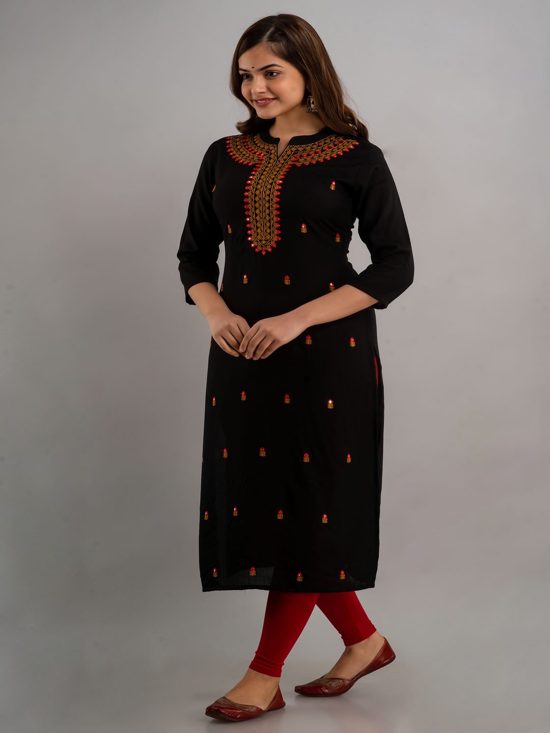 Embroidered Straight Mandarin/Chinese Neck 3/4 Sleeve Calf Length Viscose Rayon Kurta - Image 4