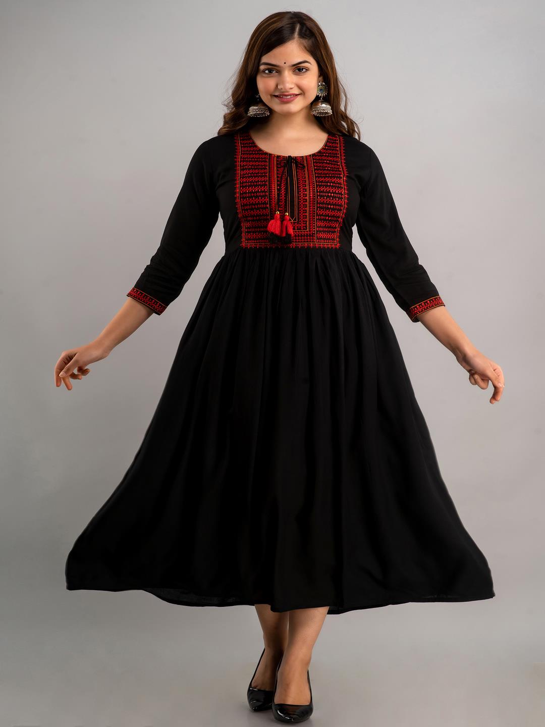 Embroidered Flared Round Neck 3/4 Sleeve Calf Length Viscose Rayon Kurta - Image 4