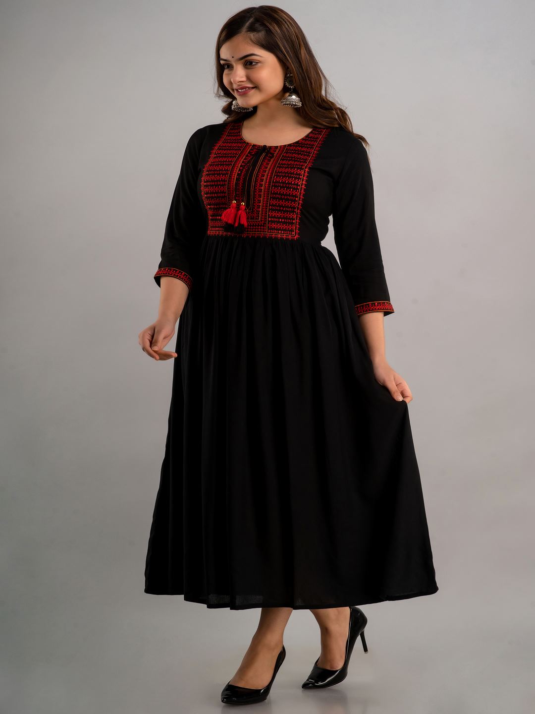 Embroidered Flared Round Neck 3/4 Sleeve Calf Length Viscose Rayon Kurta - Image 5