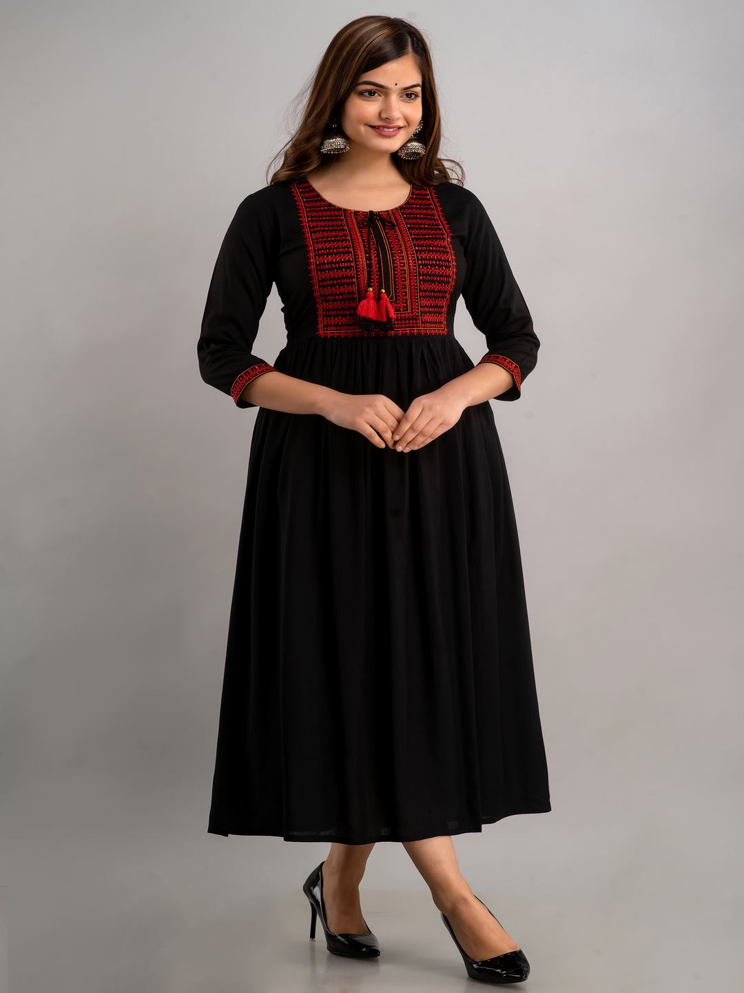 Embroidered Flared Round Neck 3/4 Sleeve Calf Length Viscose Rayon Kurta - Image 6