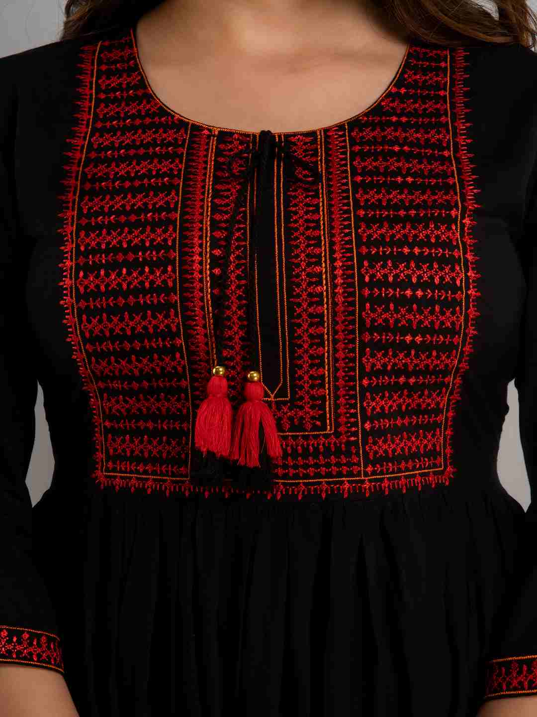 Embroidered Flared Round Neck 3/4 Sleeve Calf Length Viscose Rayon Kurta - Image 3